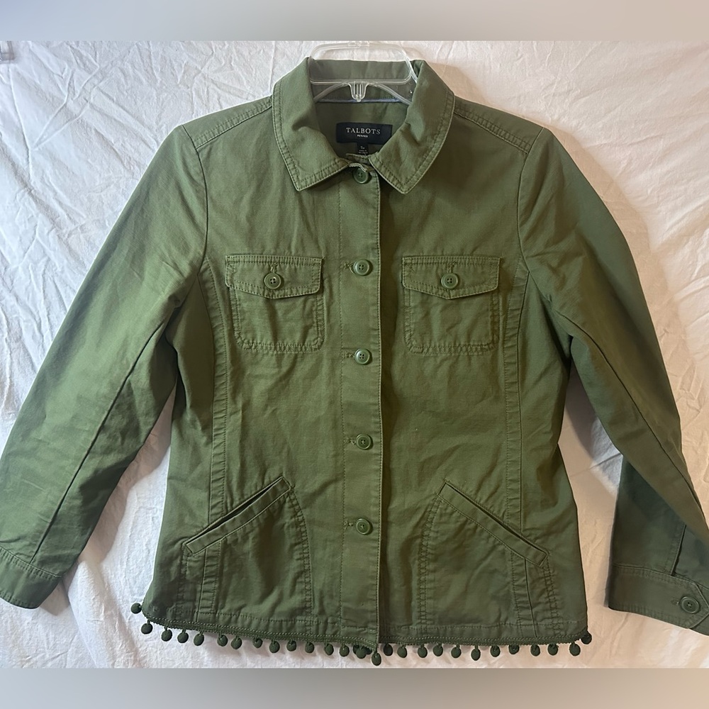 Talbots Petites Olive Green Utility Jacket Anthropologie Vibes Pom Pom Hem SP